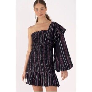 Farm Rio Lurex Stripes Mini Dress Medium NWT Smocked One Shoulder Sparkle